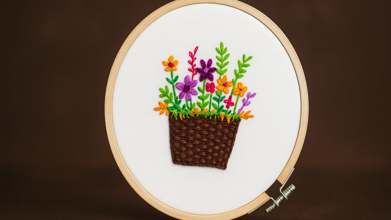 Beautiful Floral Basket Hand Embroidery | Step-by-Step Tutorial