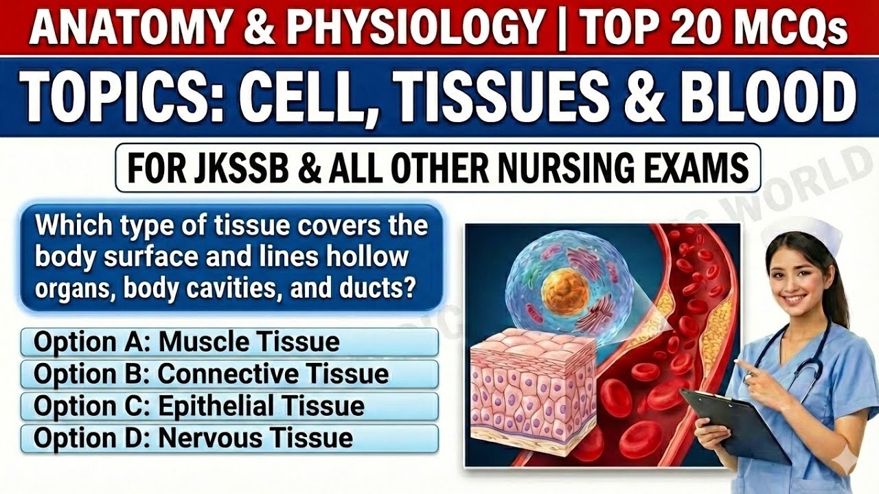 High Yielding Anatomy & Physiology MCQs | Cells, Tissues & Blood | JKSSB Nursing Exams