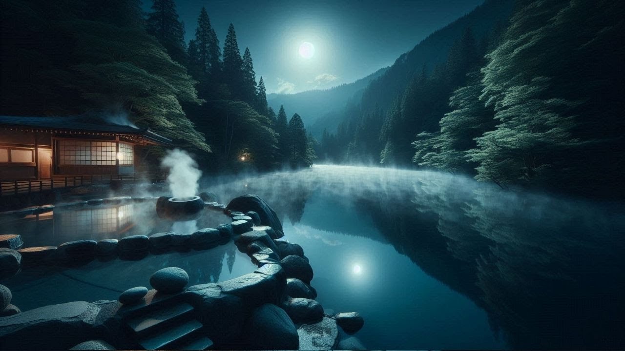 湖と月に包まれる露天風呂｜静かな夜の和風BGM（10分）