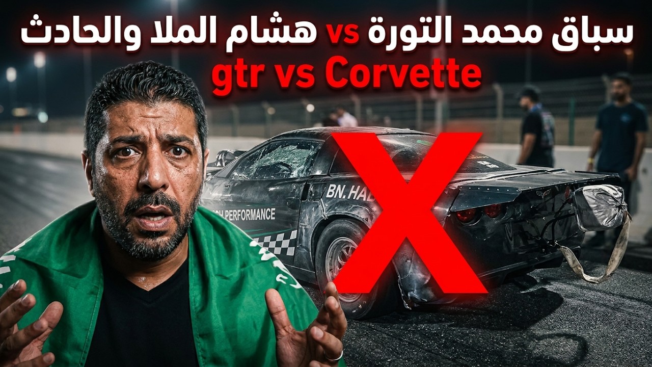 سباق محمد التورة vs هشام الملا والحادث حلبة البحرين وتصريح راشد الجابري واسرع جيتي gtr vs Corvette 👍