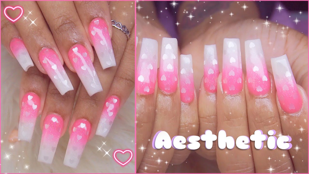 Cute Vday HOT PINK to WHITE Ombré Hearts Glitter Nails! LEVEL 10 Difficulty Blend!