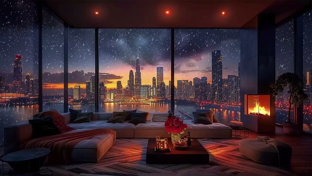 Quiet Winter City Night | Fireplace & Soft Jazz Ambience#QuietNight #WinterCity #CozyAmbience