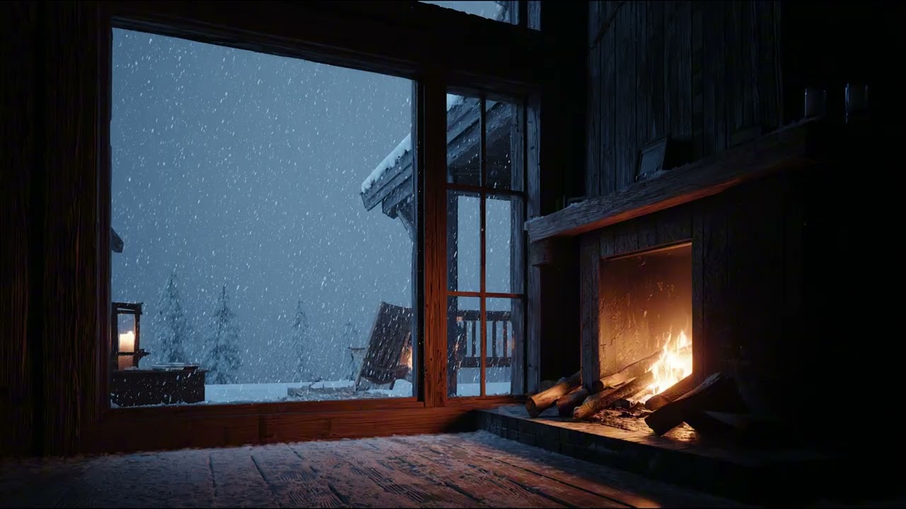 Cozy Cabin Fireplace During Heavy Snowstorm ❄️🔥 Winter Ambience for Sleep & Relaxation