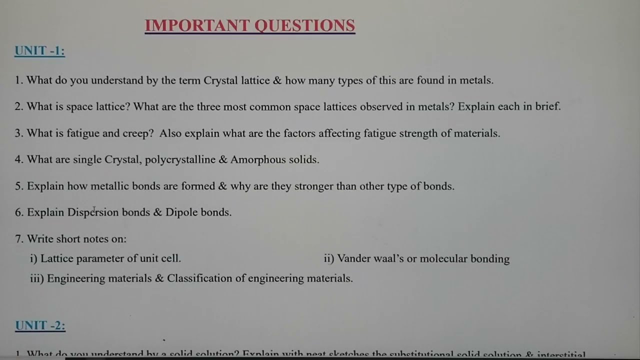 RGPV - Important Questions On Materials Technology.