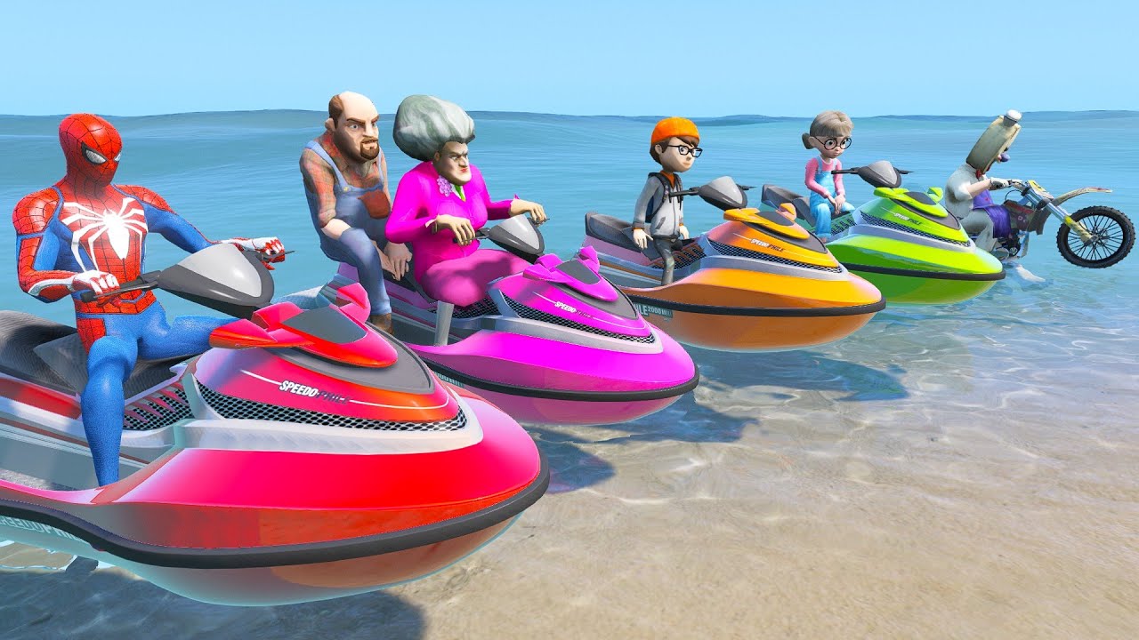 Scary Teacher 3D - Miss'T vs Spiderman - Jet Ski Challenge in Sea - Game Animation