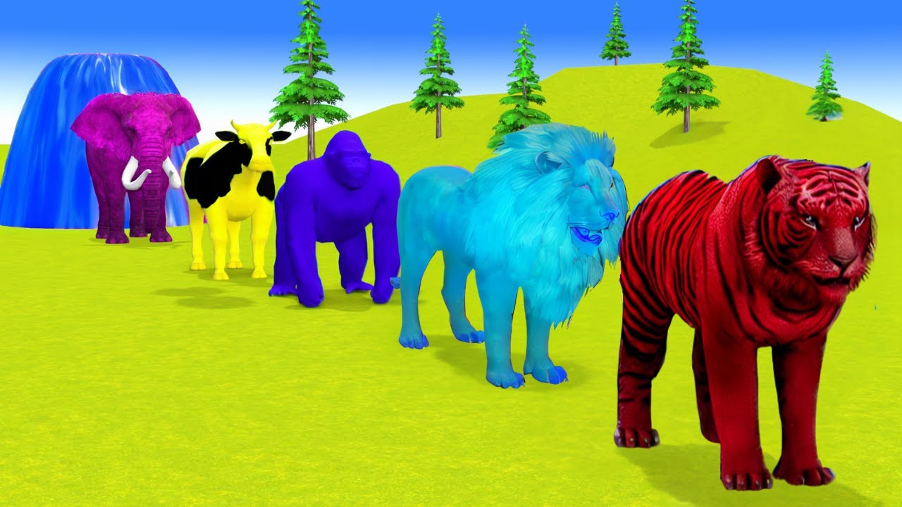 Long Slide Game With Cow Elephant Gorilla Hippopotamus Tiger - 3d Animal Game - Funny 3d Animals