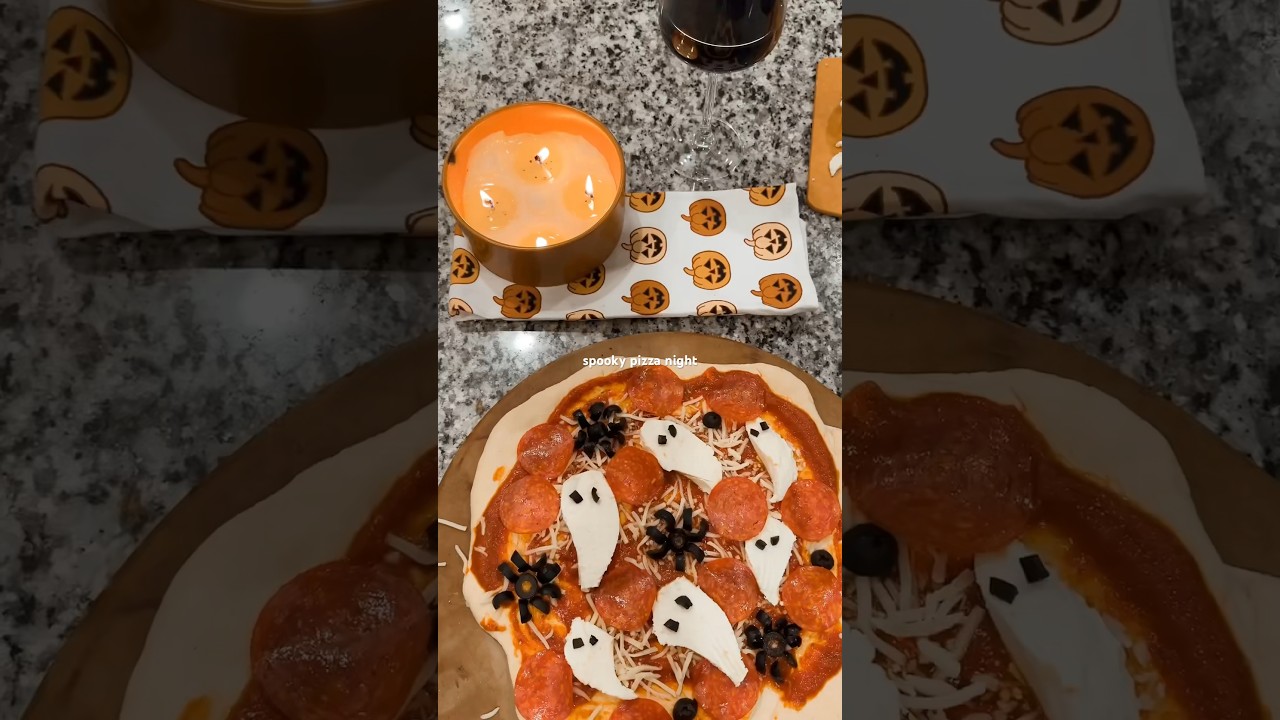 homemade spooky pizzas 🍕👻  #fallvibes #autumn #cozynight #homemadepizza #halloween #hocuspocus