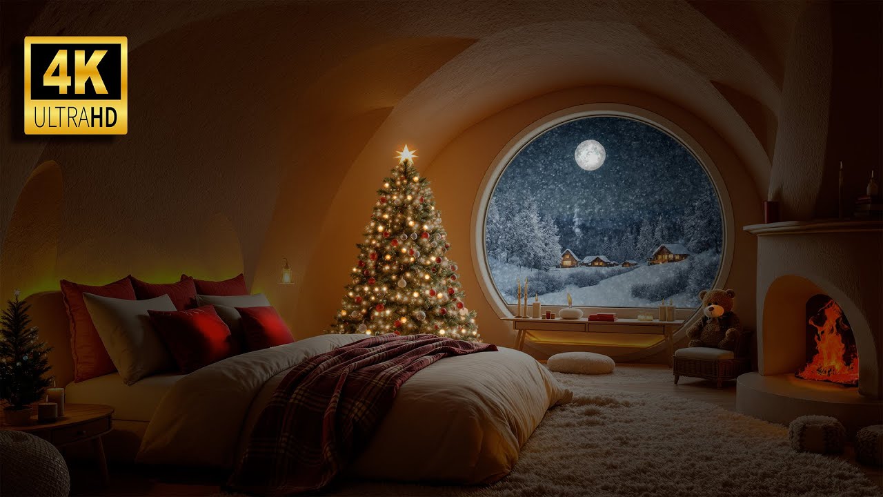 Cozy Cave Bedroom Ambience for Sleep 😴 Warm Fireplace & Snowy Night [4K OLED]