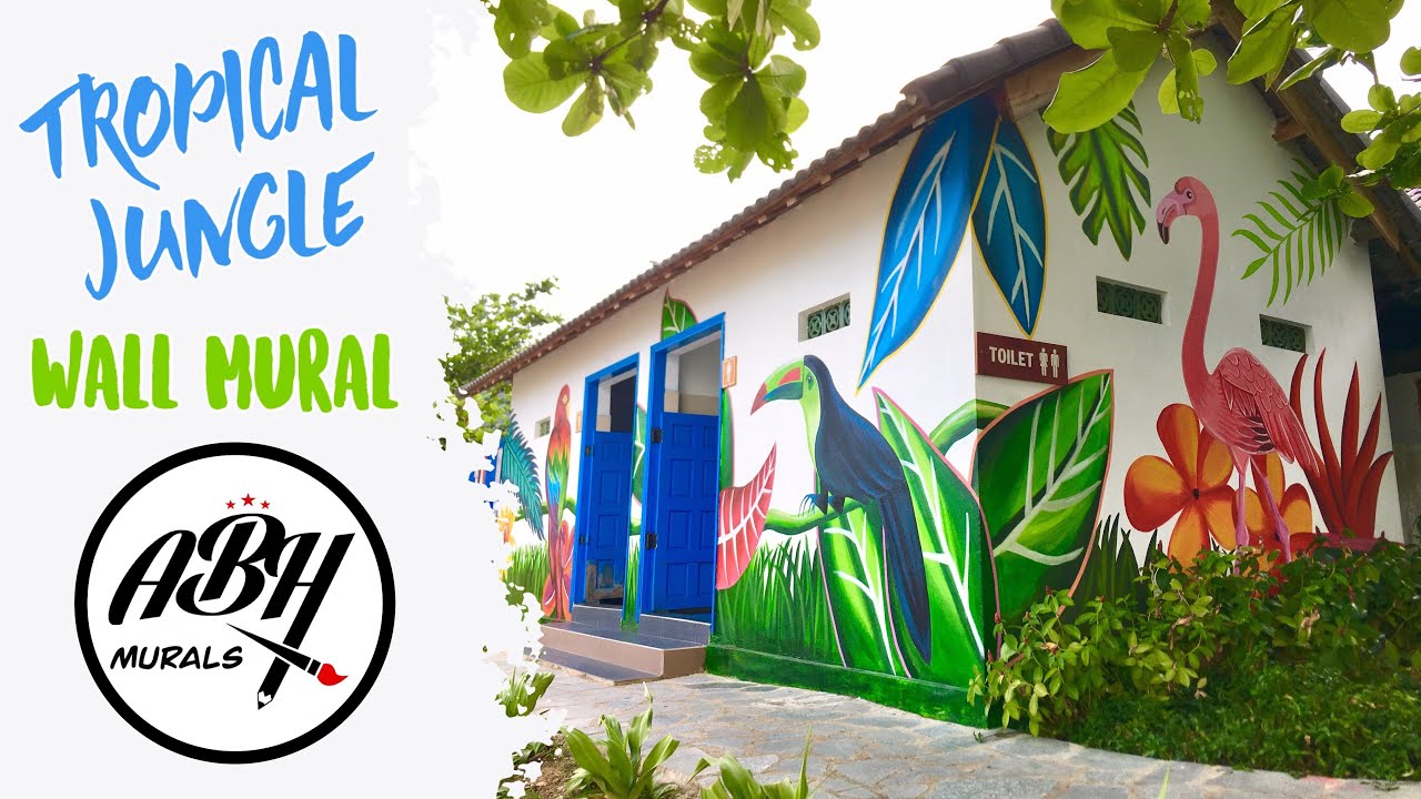 Tropical Jungle Leaves, Parrot, Toucan & Flamingo - Wall Mural Painting | ABH Murals 🇻🇳