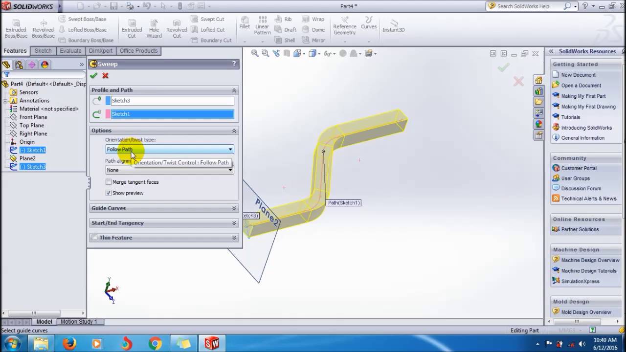 SolidWorks Swept Boss/Base Tutorial_Follow Normal Constant Method | SolidWorks Video Tutorials