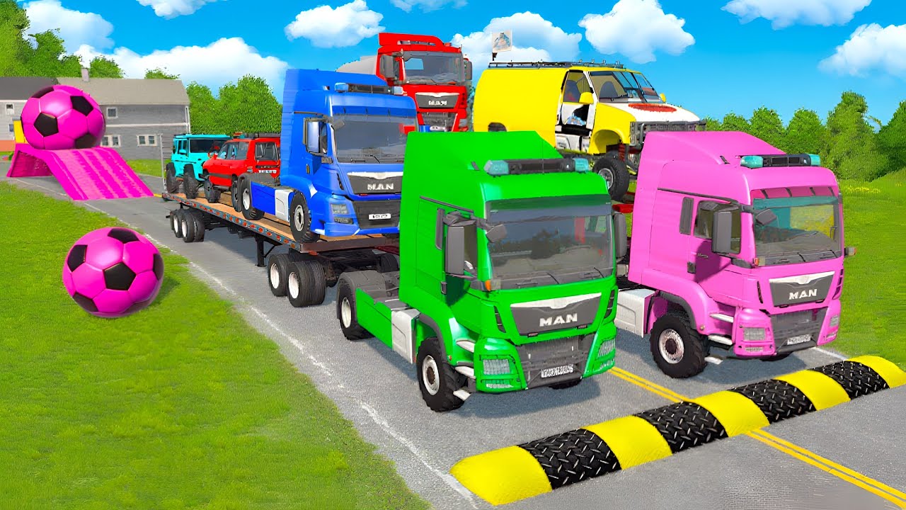 Triple Flatbed Trailer McQueen Transportation with Truck - Speedbumps vs Cars vs Train - BeamNG #4