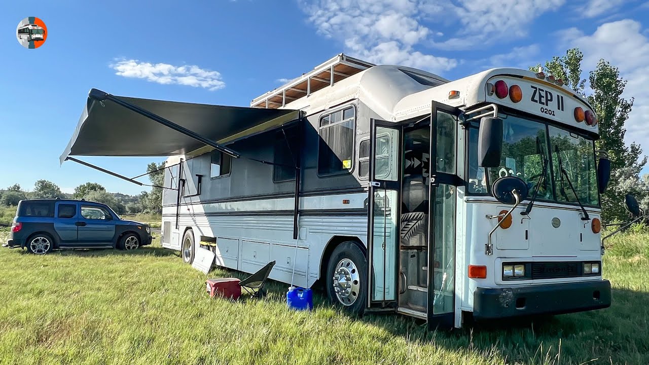 21' Awning Install On My DIY Off Grid Skoolie