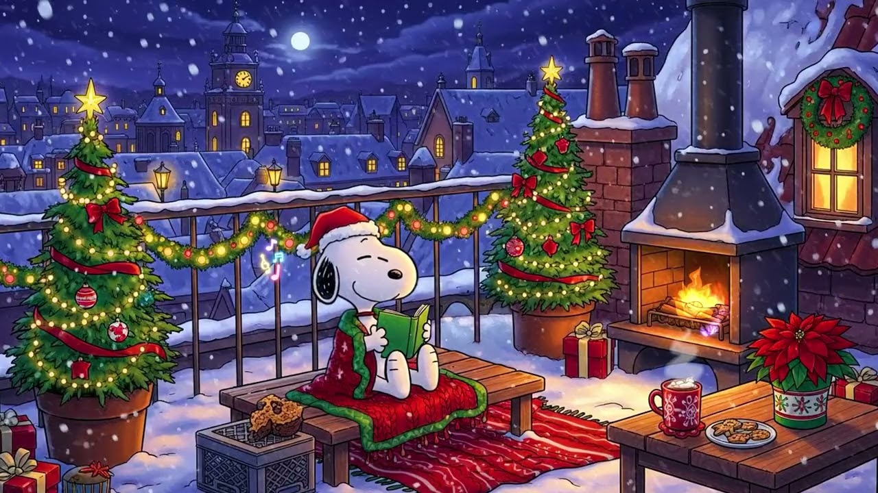 Snoopy in a Late Night Cafe 🌙 Coffee Shop Ambience and Fireplace Sounds for Sleep & Relax