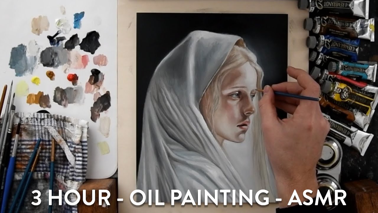 3 hour oil painting session, portrait of beautiful girl, no talking [ASMR]