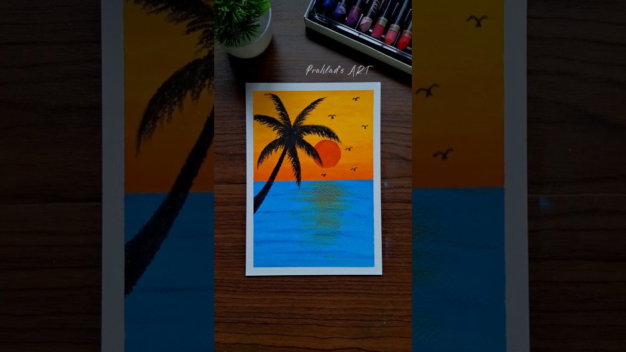 🌴 Sunset Scenery Drawing with Oil Pastels