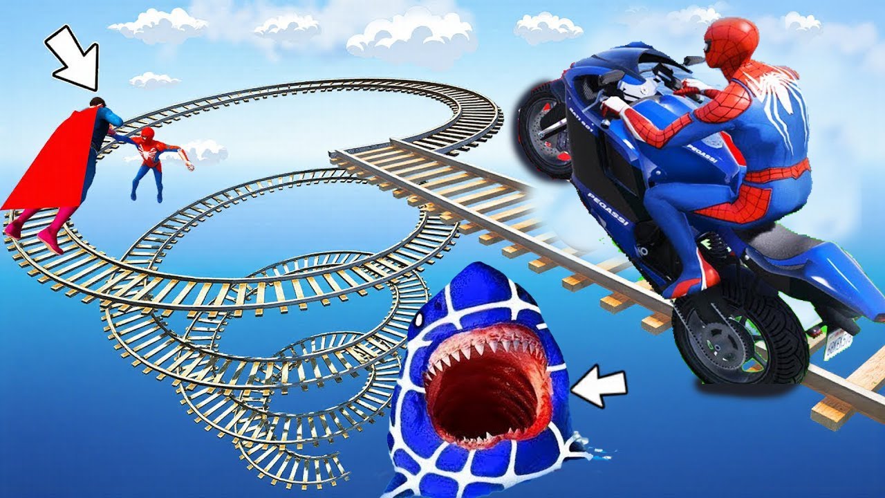 الأبطال الخارقين على القضبان دوامة قمع جسر 🏄&zwj;♂️SPIDER MAN!on Motorcycle in Spiral Bridge Stunt Rid