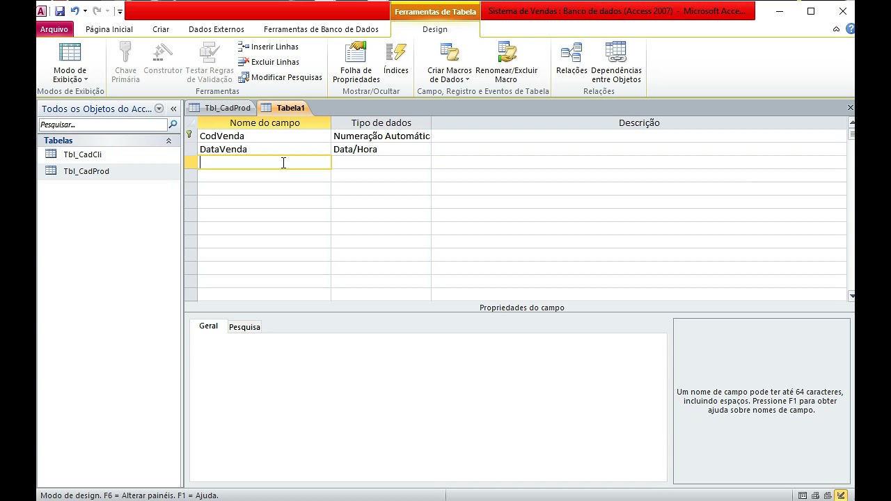 Banco de Dados  - 1 ( Access -  Criando Tabelas  -  Prof.  Paulo Roberto )