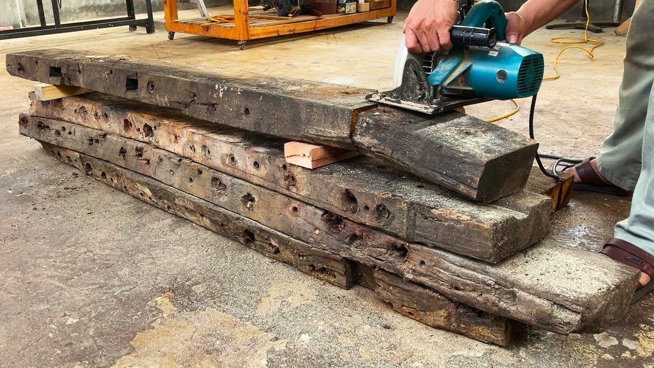 Reuse RAILWAY Sleepers Woodworking Project // Beautiful Monolithic Rustic Strong Table Design