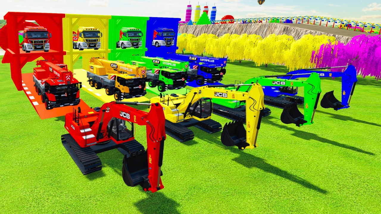 Colorful trucks  ALL COLORFUL JCB EXCAVATOR, SCANIA CRANE TRUCK TRANSPORTING WITH TRAILER TRUCK