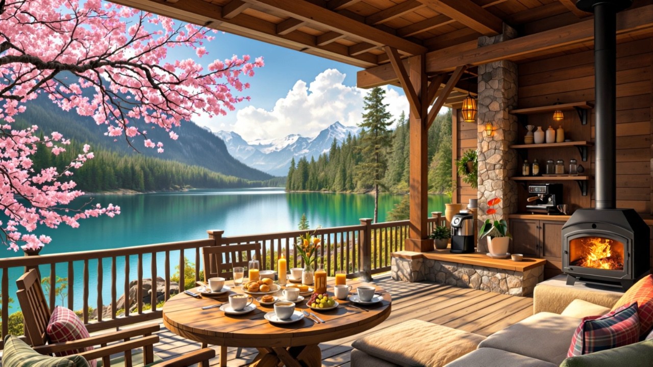 Happy Spring Morning Jazz at Cozy Lakeside Cafe Ambience 🍃 Smooth Jazz Music for Studying, Working