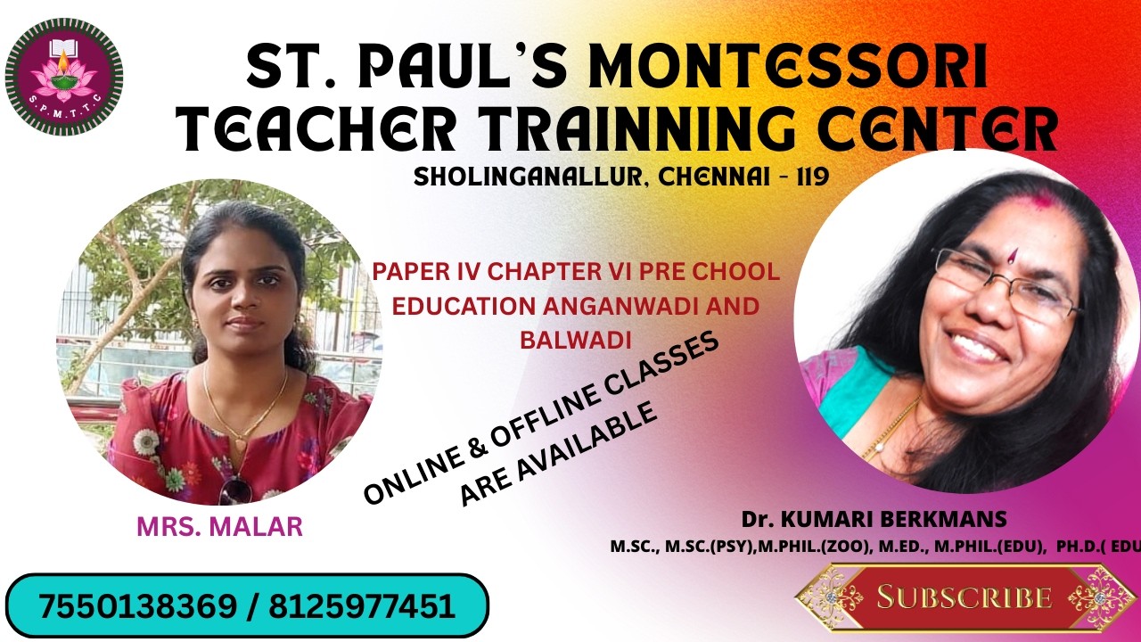 PAPER IV CHAPTER VI PRE CHOOL EDUCATION ANGANWADI AND BALWADI ST. PAUL’S MONTESSORI TEACHER T. C.