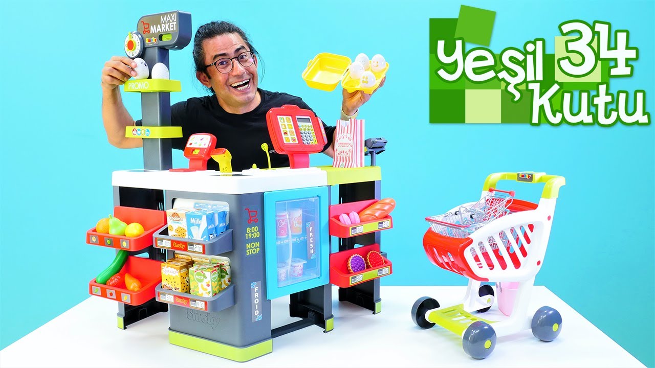 Pepee ile Yeşil kutu 34.Nail Baba market&ccedil;i oluyor. Alışveriş oyunu. &Ccedil;ocuklar i&ccedil;in eğitici video