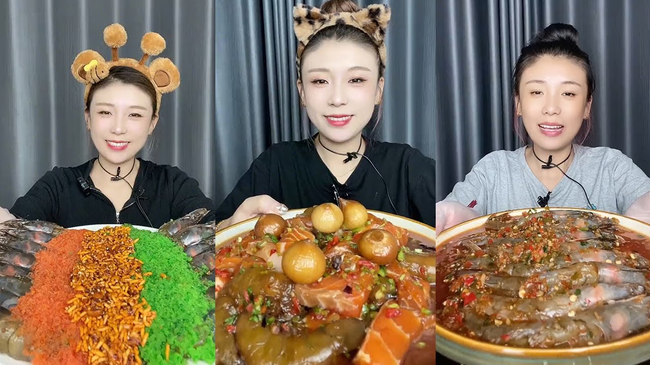 【Mukbang】Fish roe Thai shrimp + salmon shrimp meat + double pepper sauce shrimp🐠🐟🦐🍋🧄🌶#Seafood#yummy