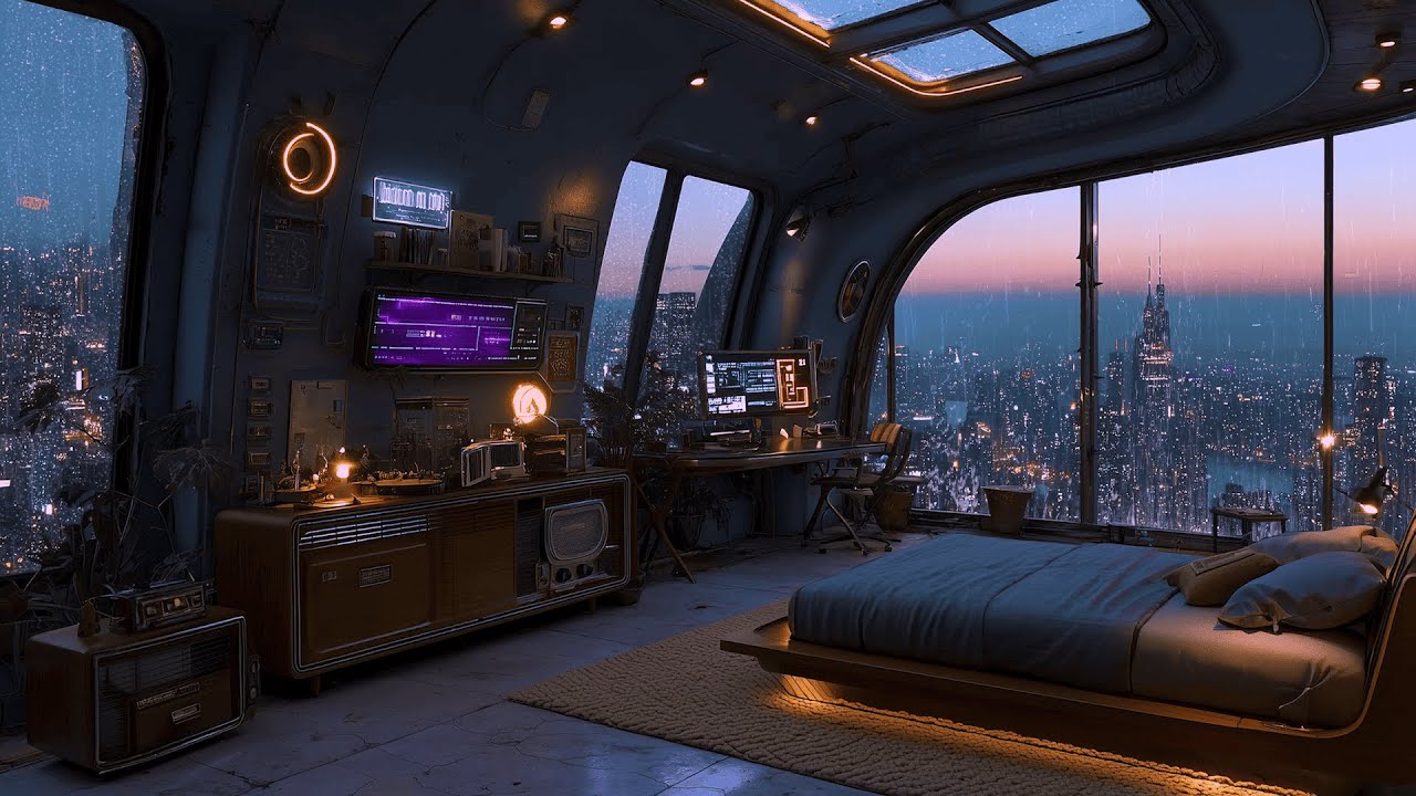 Rain on the Glass 🌧️ Retro Futuristic Room Above the City for Calm Focus and Night Study