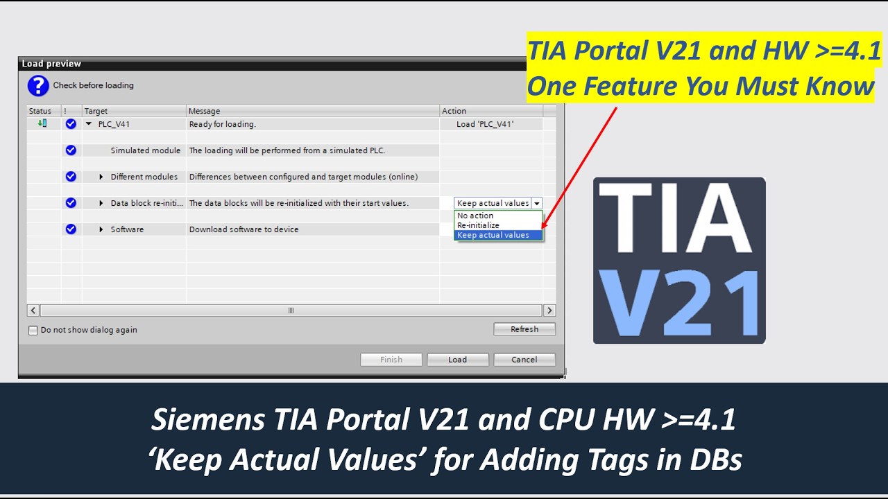 SC18. ‘’Keep Actual Values‘’ without DB Re-initialization during Download in Siemens TIA Portal V21