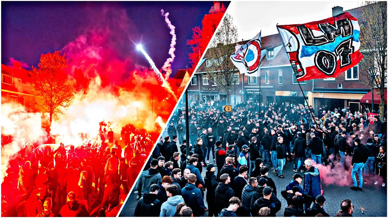 Sfeerbeelden van de massale steun & Pyro tijdens onthalen van de spelersbus voor PSV-Ajax