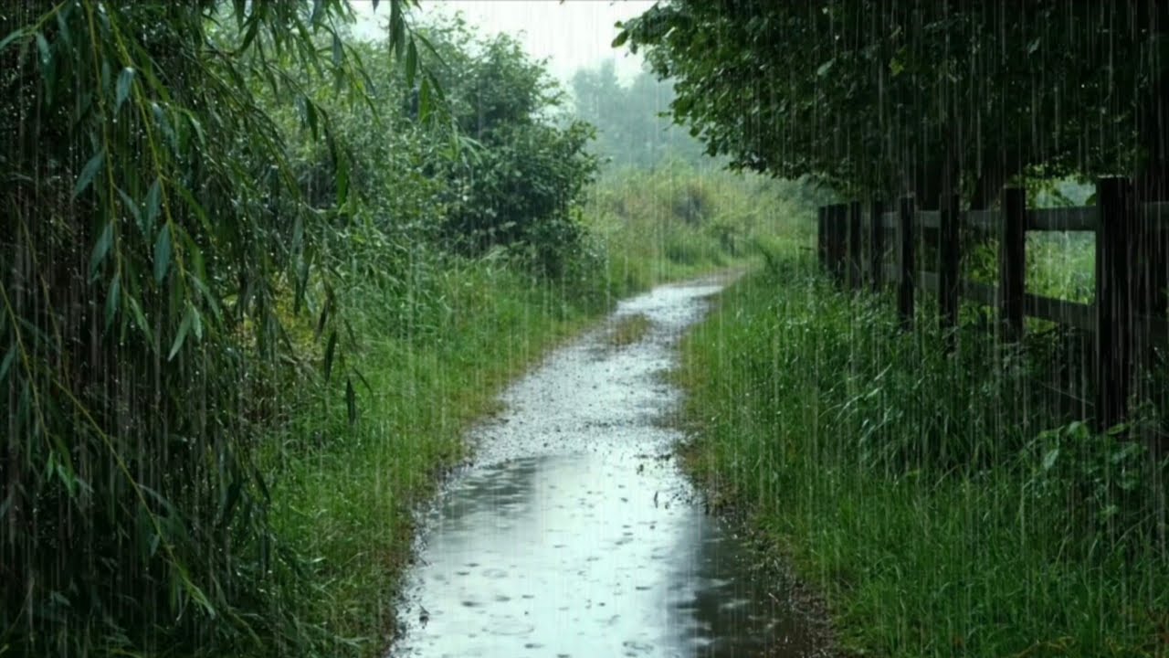 Gentle rain on a village road adds to the comfortable and calm atmosphere.
