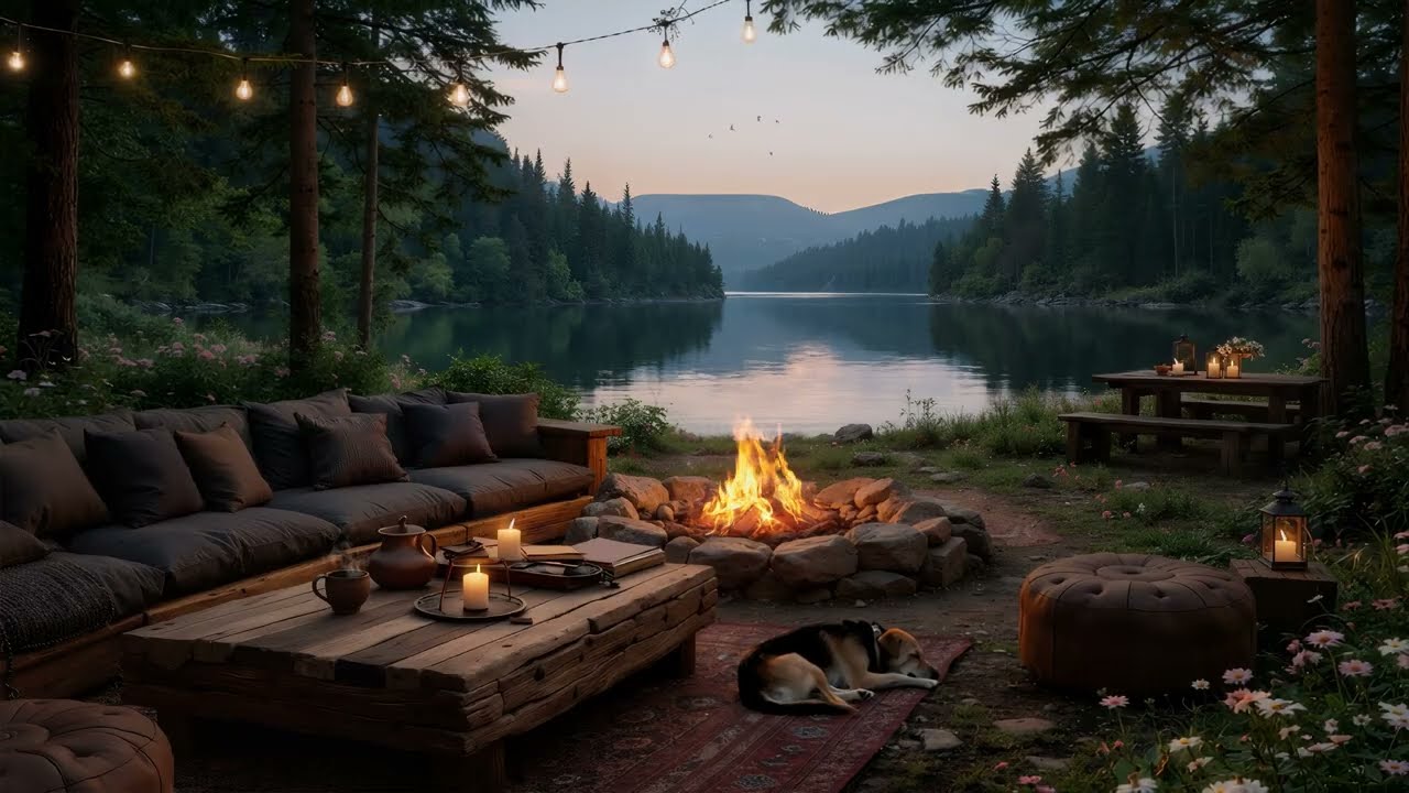 Cozy Spring Ambience by lake | Fireplace & Warm Acoustic Guitar for Relaxation & Chill Vibes