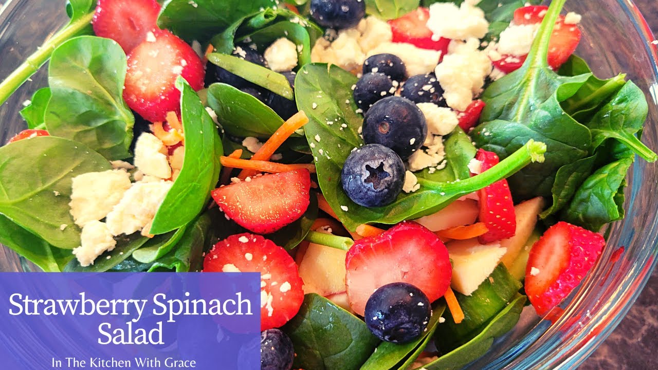 Healthy Strawberry Spinach Salad with Blueberries and Feta and Honey Balsamic Dressing