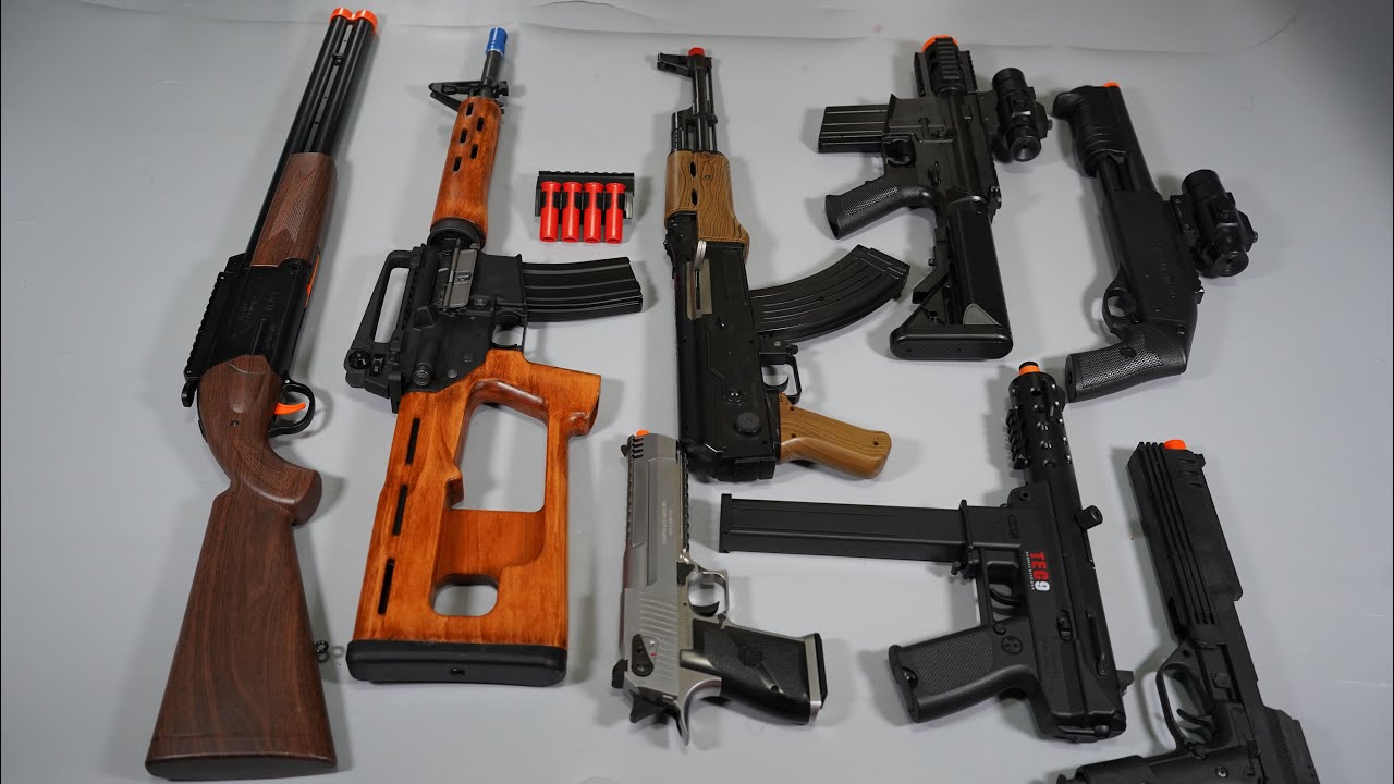 AK47 and ADAR15 Airsoft Toy Gun Nerf Gun Double Barrel Shotgun Tec9 - Realistic Toy Guns Collection
