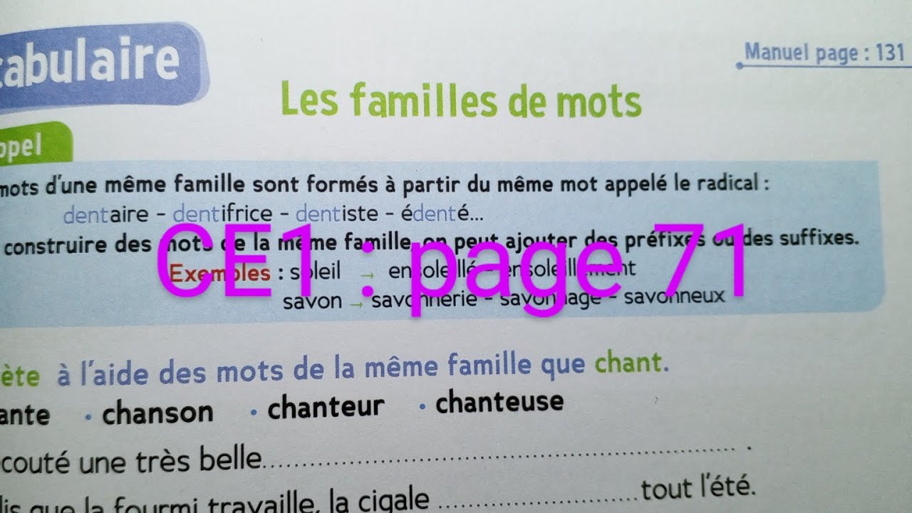 CE 1 : Vocabulaire :  Les familles de mots page 71 cahier d' activités Le trésor des mots