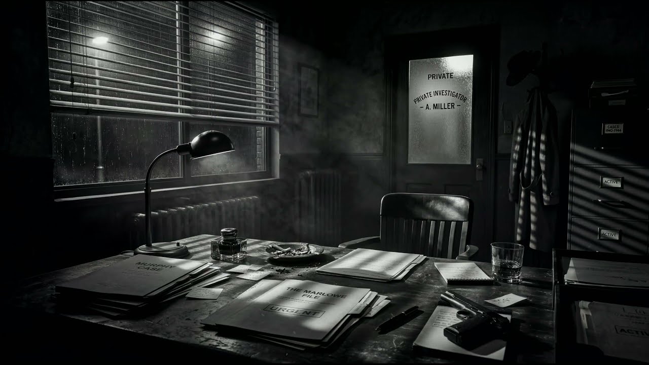 it's 1947, a private investigator's office on a rainy night (noir jazz) 8 hours
