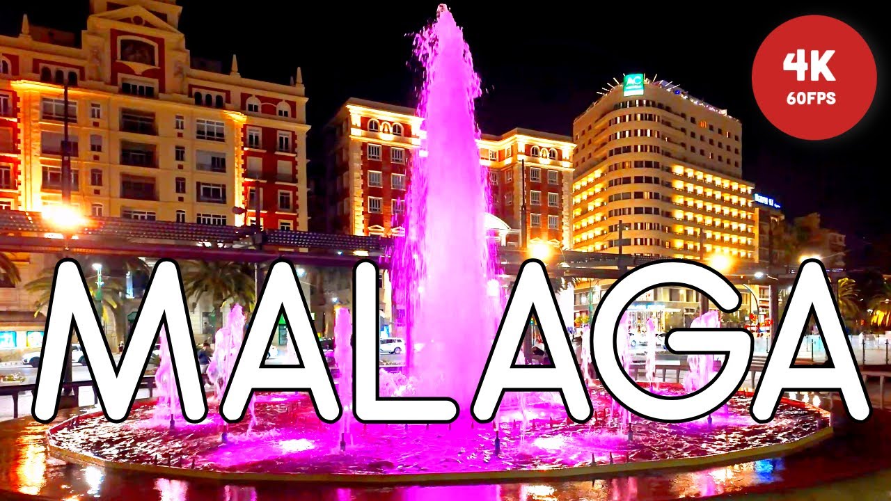Night Walk in Malaga from City Center to Malagueta Beach [4K 60FPS] August Relaxing Spain Tour