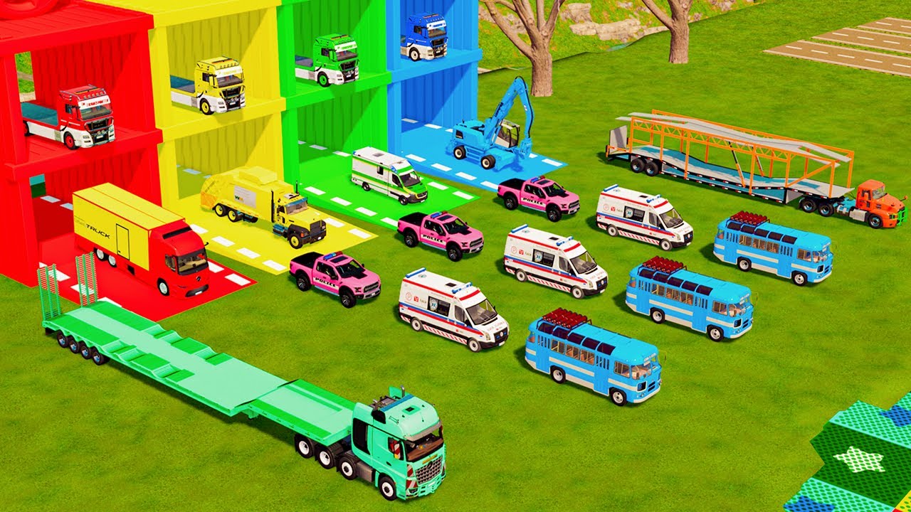 TRANSPORTING POLICE AND EMERGENCY VEHICLES, EXCAVATOR, GARBAGE TRUCK & MINIBUS TO THE GARAGE - FS22