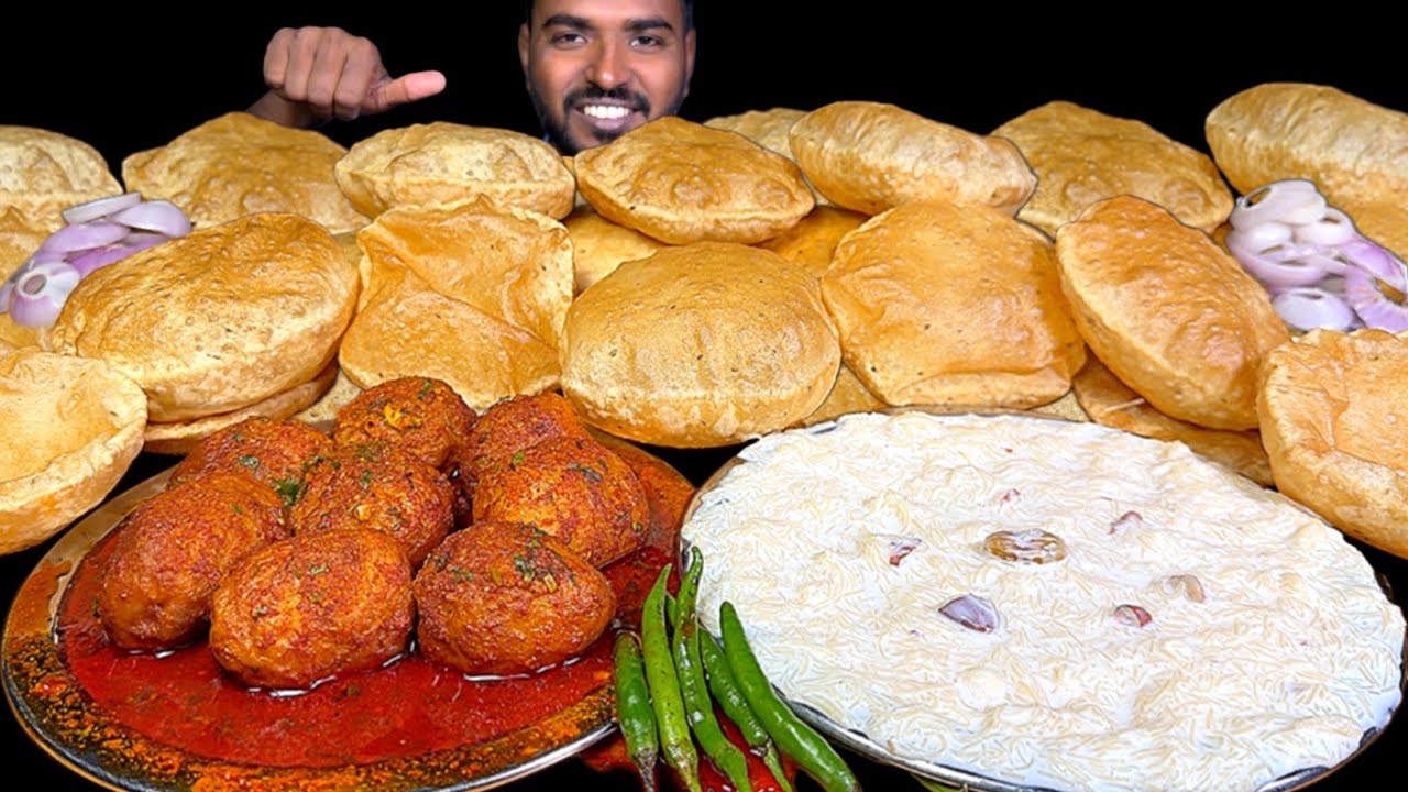 Eating Spicy Dum Aloo with Luchi Puri | Kheer & Chilli Mukbang 