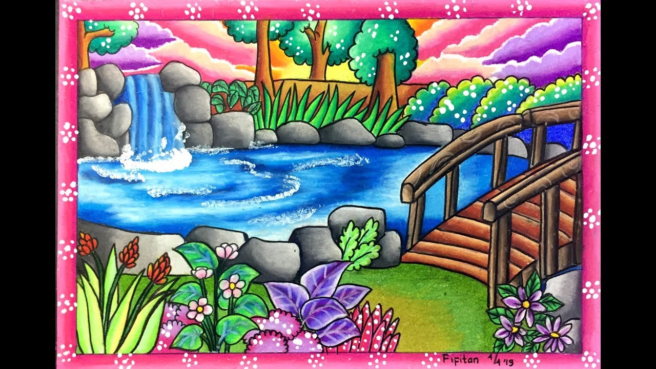 CARA MUDAH MENGGAMBAR AIR TERJUN DAN PEMANDANGAN INDAH  