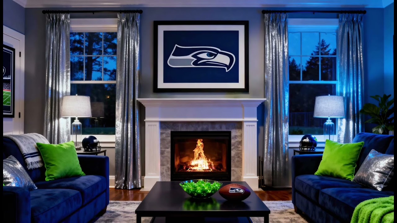 Seattle Seahawks fan cave fireplace ambience🏈cozy pregame party background wallpaper