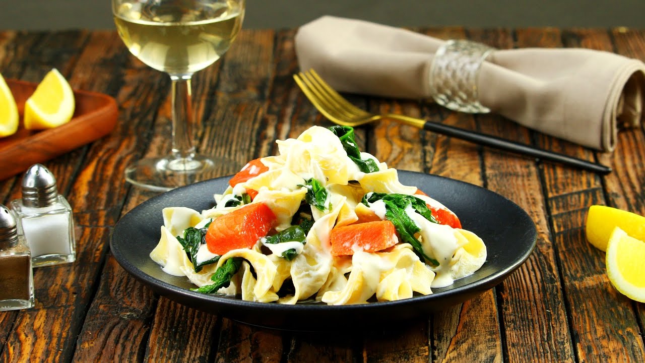 Only 8 Ingredients! Pasta With Lemon Salmon & Spinach