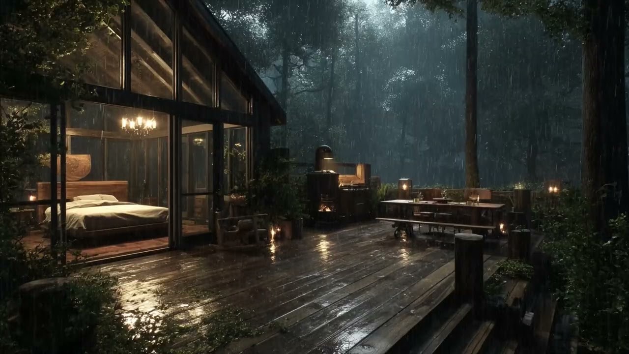 Peaceful Rain Sounds in Cozy Pine Forest Cabin 🌧️ Warm Lamp & Books for Deep Sleep & Quiet Reading