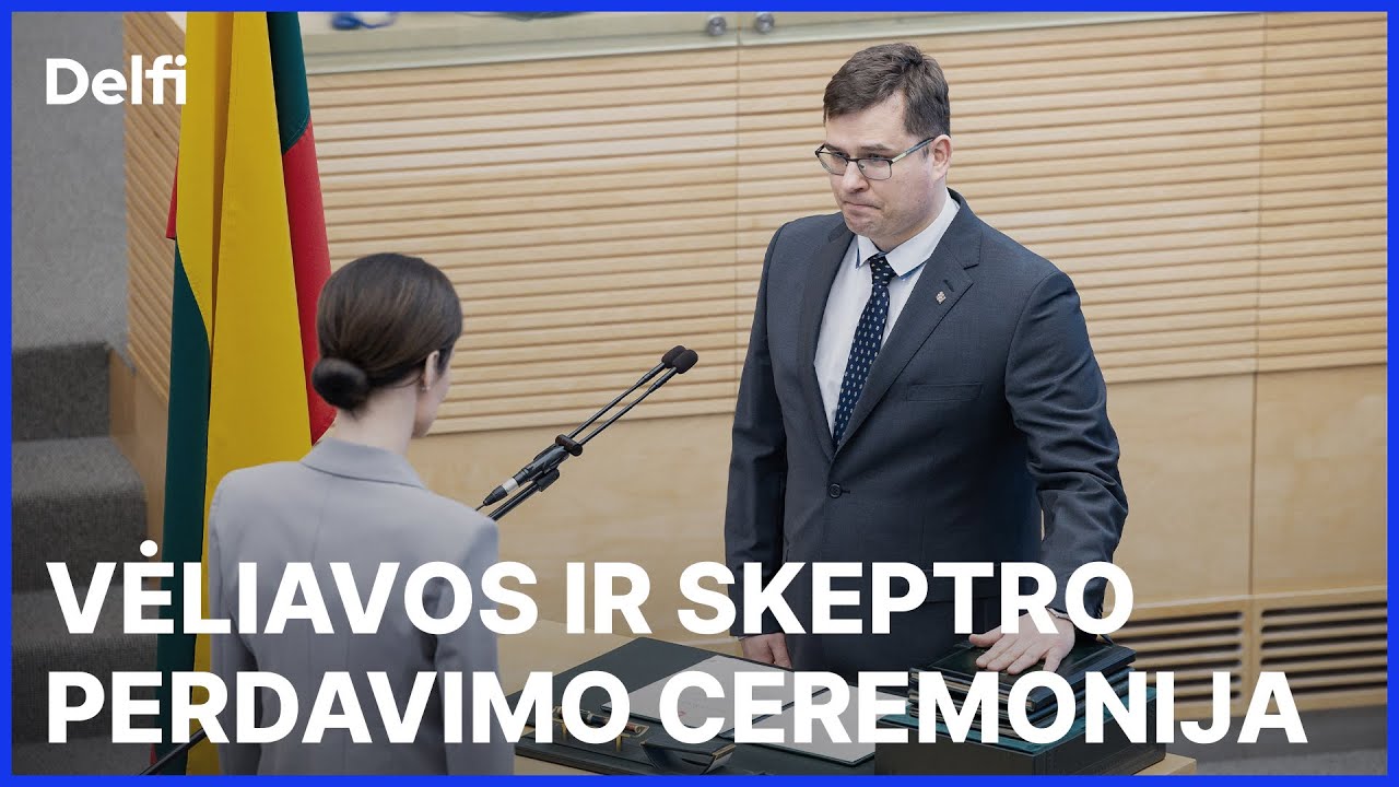 Vėliavos ir skeptro perdavimo ceremonija: naujajam KAM ministrui Kasčiūnui įteikia valdžios regaliją