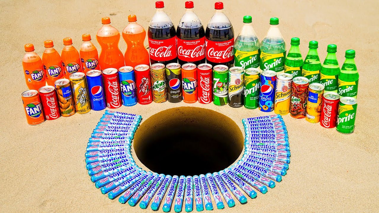 Bottle Coca Cola, Fanta, Sprite, Pepsi, Mirinda, 7up and Many Other Sodas vs Mentos Big Underground