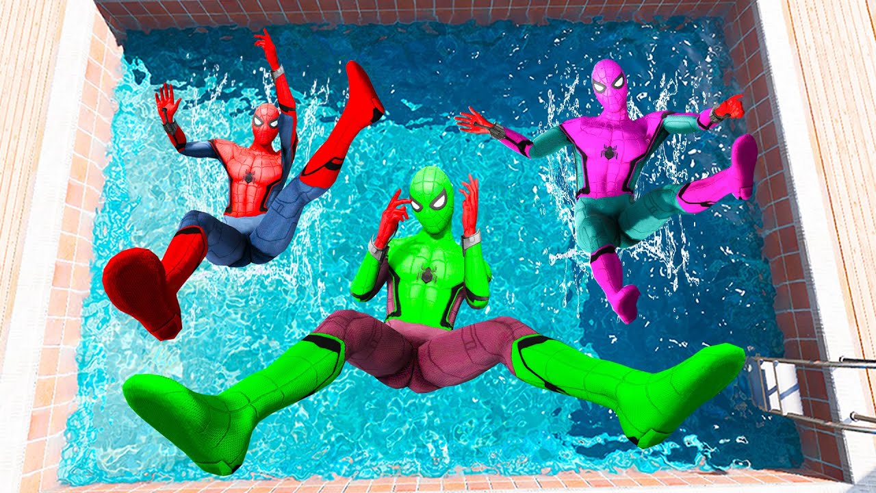 GTA 5 Rainbow Red Vs  Green & Pink Spiderman Jumping Into Pool (Euphoria Physics/Ragdolls) #2