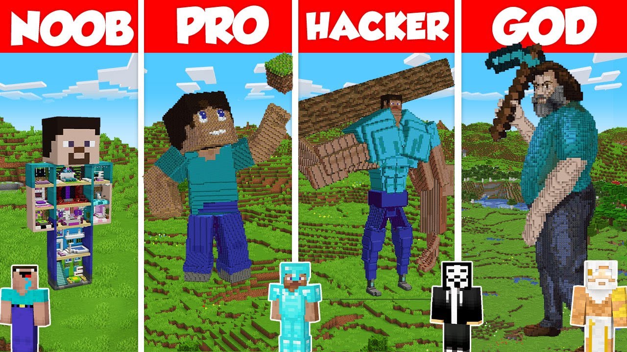 Steve Statue Build Battle Challenge - Noob vs Pro vs Hacker vs God - Minecraft Animation