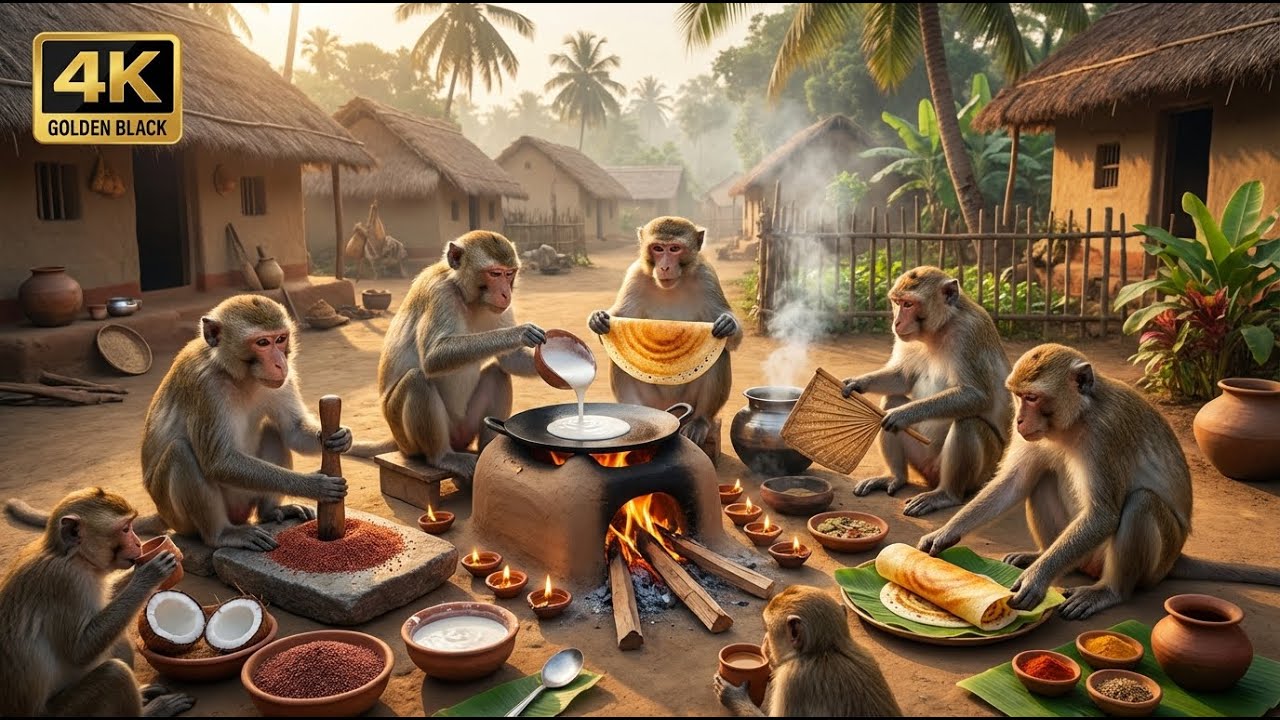 🐒 बंदरों ने बनाई Stone-Ground Ragi Dosa 😱 | Monkey Make South Indian Ragi Dosa for Dinner
