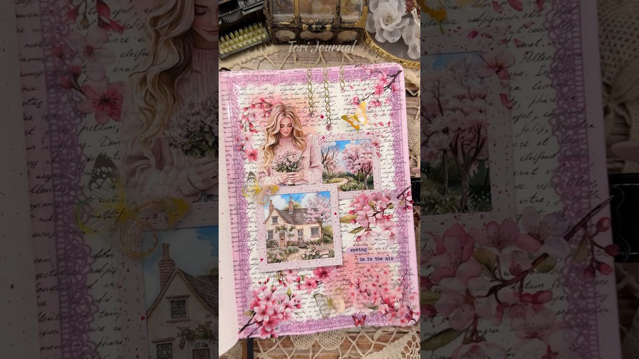 ASMR journal spring🌸🏡🦋🌷🍃💗☀️|#asmr #scrapbooking #journal #journaling #fyp #diy #pink #spread