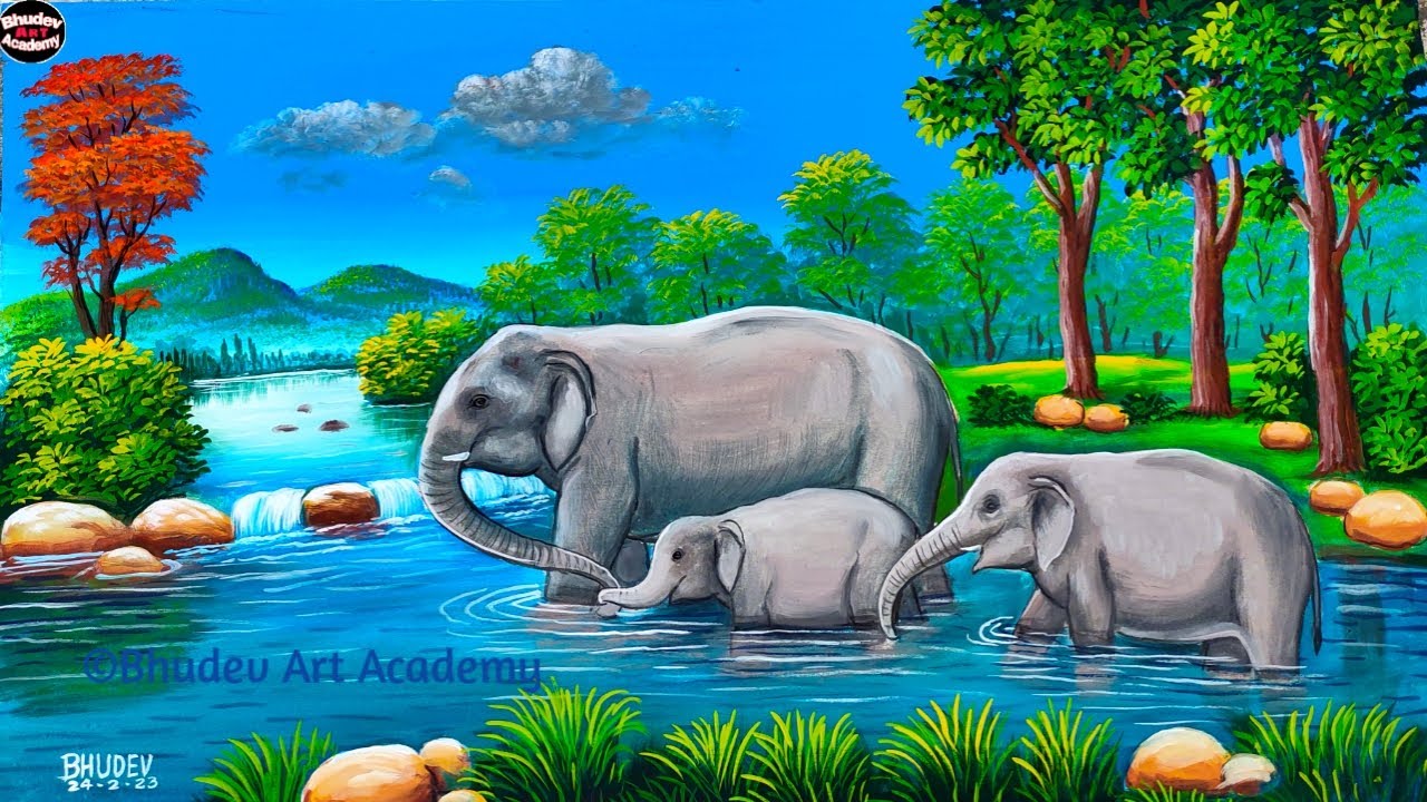 How To Draw Elephant With Forest Scenery|Elephant Painting With Earthwatercolor|Wild Animal Painting